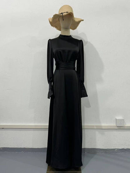 Cocolii robe longue en satin col roulé à volantée manches bouffantes femme doux élégant de soirée anniversaire cérémonie