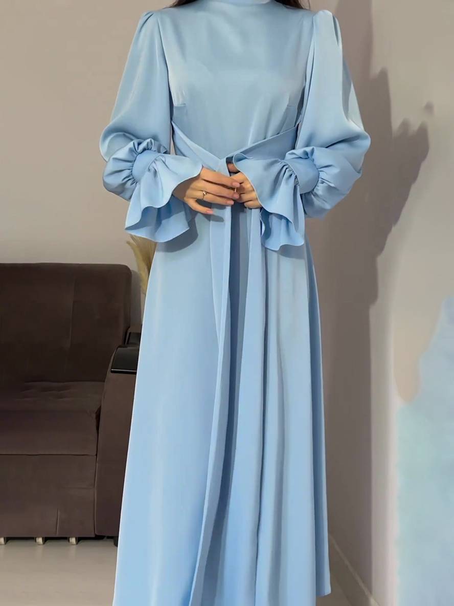 Cocolii robe longue en satin col roulé à volantée manches bouffantes femme doux élégant de soirée anniversaire cérémonie