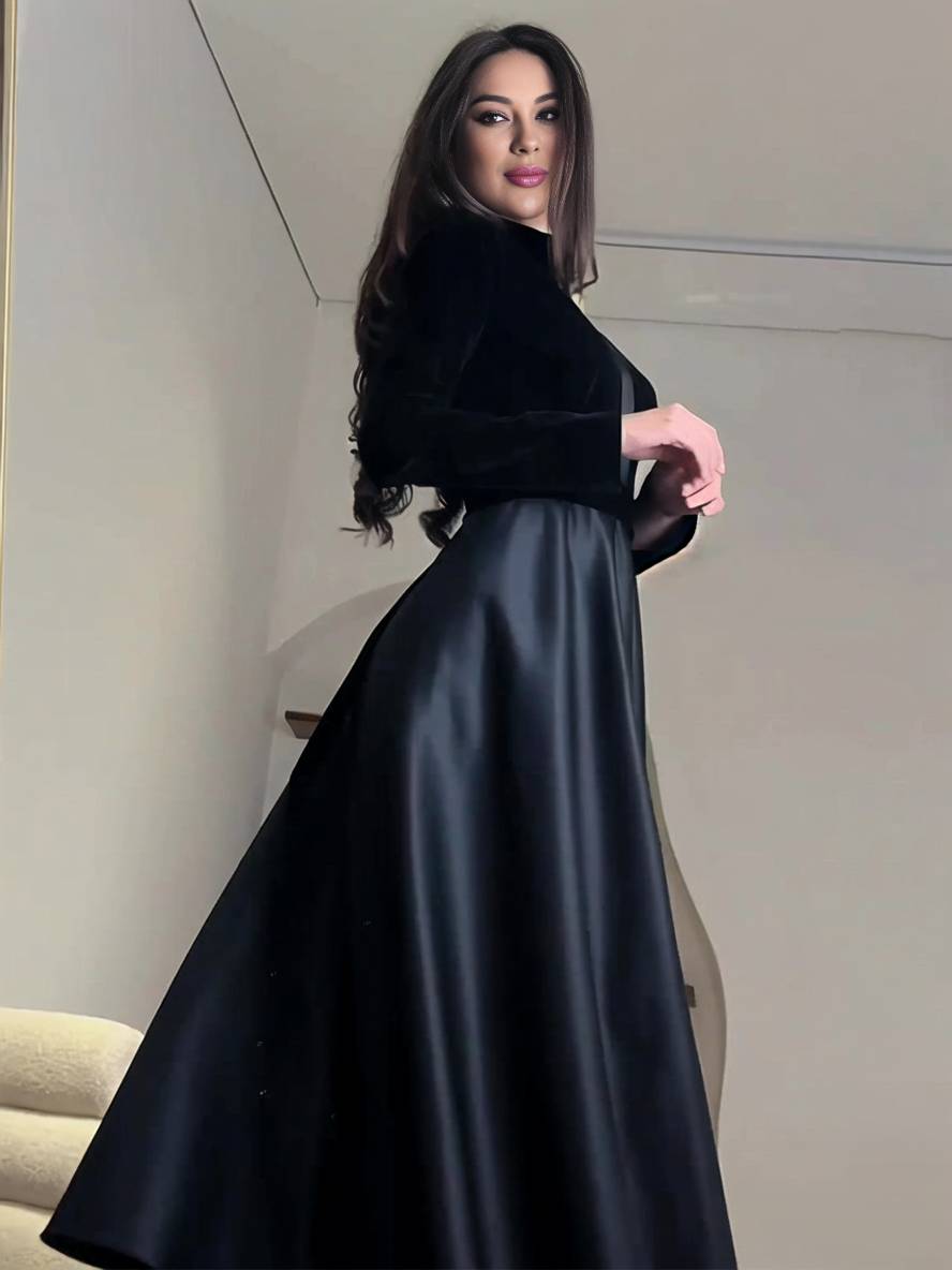 Cocolii longue robe trapèze velours col rond manches longues femme élégant vintage décontracté de soirée bal de promo