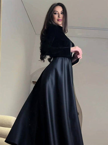 Cocolii longue robe trapèze velours col rond manches longues femme élégant vintage décontracté de soirée bal de promo