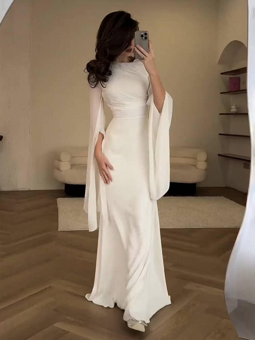 Cocolii robe longue en satin moulante col rond manches fendues manche longue femme élégant de soirée bal de promo ceremonie