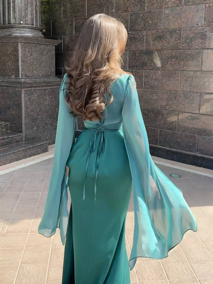 Cocolii robe longue en satin moulante col rond manches fendues manche longue femme élégant de soirée bal de promo ceremonie