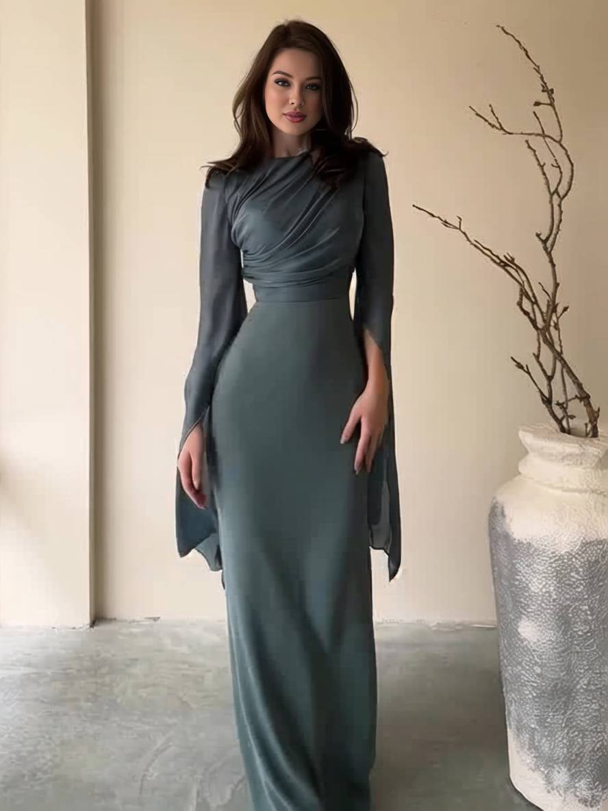 Cocolii robe longue en satin moulante col rond manches fendues manche longue femme élégant de soirée bal de promo ceremonie