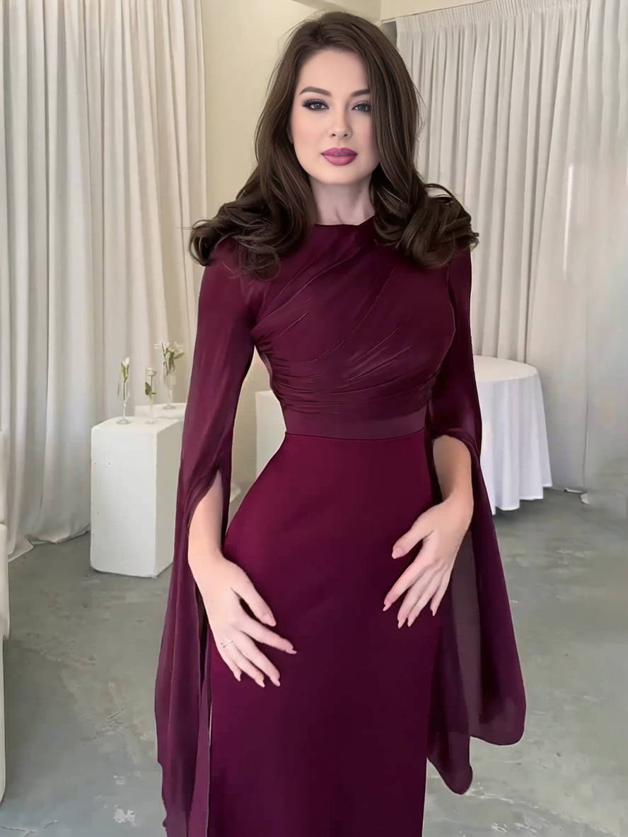 Cocolii robe longue en satin moulante col rond manches fendues manche longue femme élégant de soirée bal de promo ceremonie