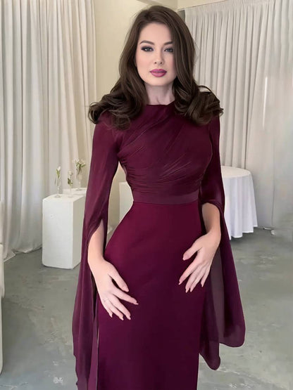 Cocolii robe longue en satin moulante col rond manches fendues manche longue femme élégant de soirée bal de promo ceremonie