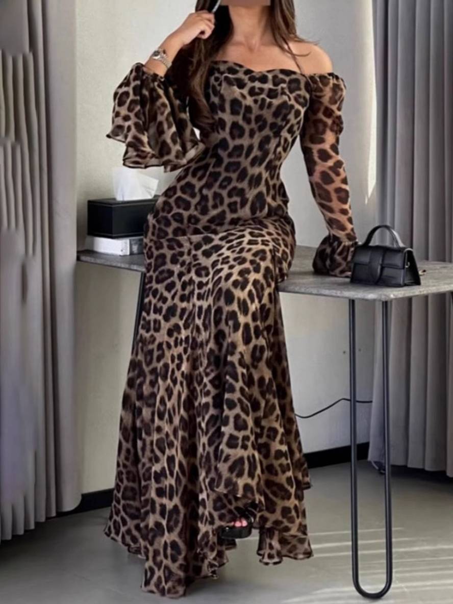 Cocolii robe longue mousseline léopard épaule dénudée licou dos nu manches évasées manches longues femme élégant bal de promo
