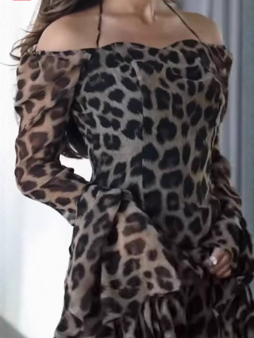 Cocolii robe longue mousseline léopard épaule dénudée licou dos nu manches évasées manches longues femme élégant bal de promo