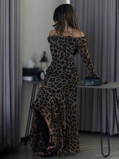 Cocolii robe longue mousseline léopard épaule dénudée licou dos nu manches évasées manches longues femme élégant bal de promo