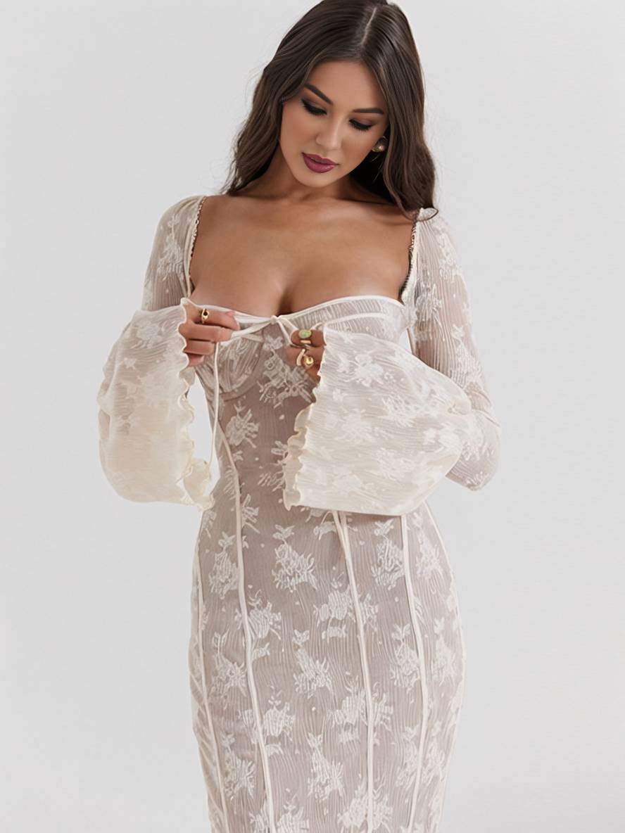 Cocolii robe longue en dentelle moulante bustier dos nu col carré manches évasées sirene femme élégant bal de promo