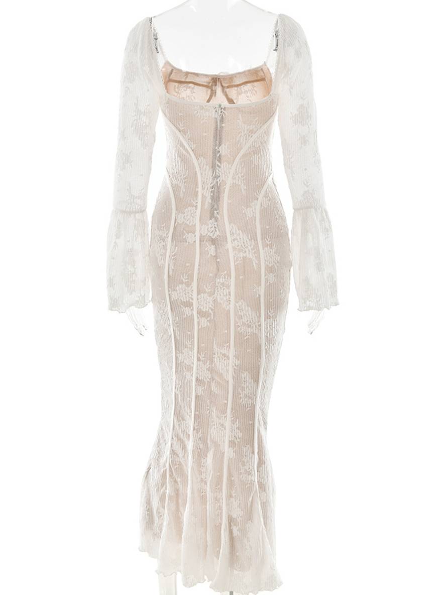 Cocolii robe longue en dentelle moulante bustier dos nu col carré manches évasées sirene femme élégant bal de promo