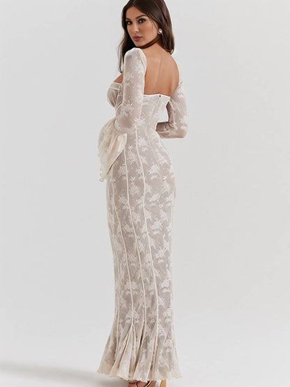 Cocolii robe longue en dentelle moulante bustier dos nu col carré manches évasées sirene femme élégant bal de promo