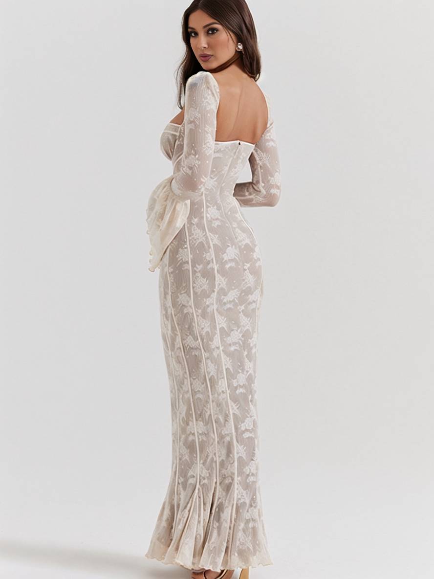 Cocolii robe longue en dentelle moulante bustier dos nu col carré manches évasées sirene femme élégant bal de promo