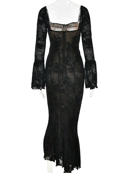 Cocolii robe longue en dentelle moulante bustier dos nu col carré manches évasées sirene femme élégant bal de promo