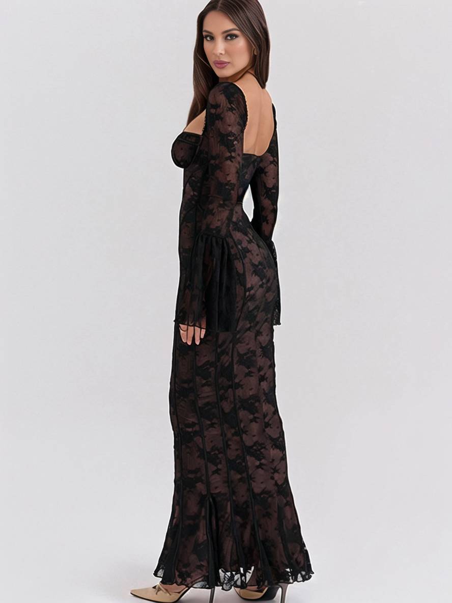 Cocolii robe longue en dentelle moulante bustier dos nu col carré manches évasées sirene femme élégant bal de promo