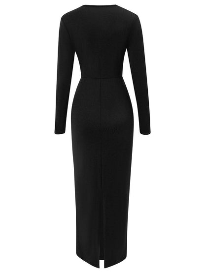 Cocolii robe longue moulante nœud v-cou manches longues femme élégant décontracté casual de soirée bal de promo