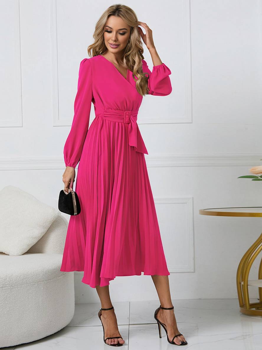 Cocolii robe longue trapèze plissé v-cou ceinture manches longues femme élégant vintage de soirée bal de promo