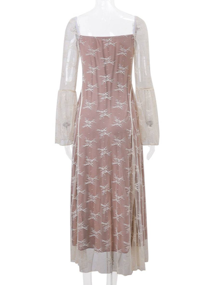 Cocolii robe longue dentelle bustier col carré manches évasées manches longues élégant vintage bal de promo