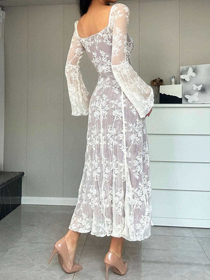 Cocolii robe longue dentelle bustier col carré manches évasées manches longues élégant vintage bal de promo