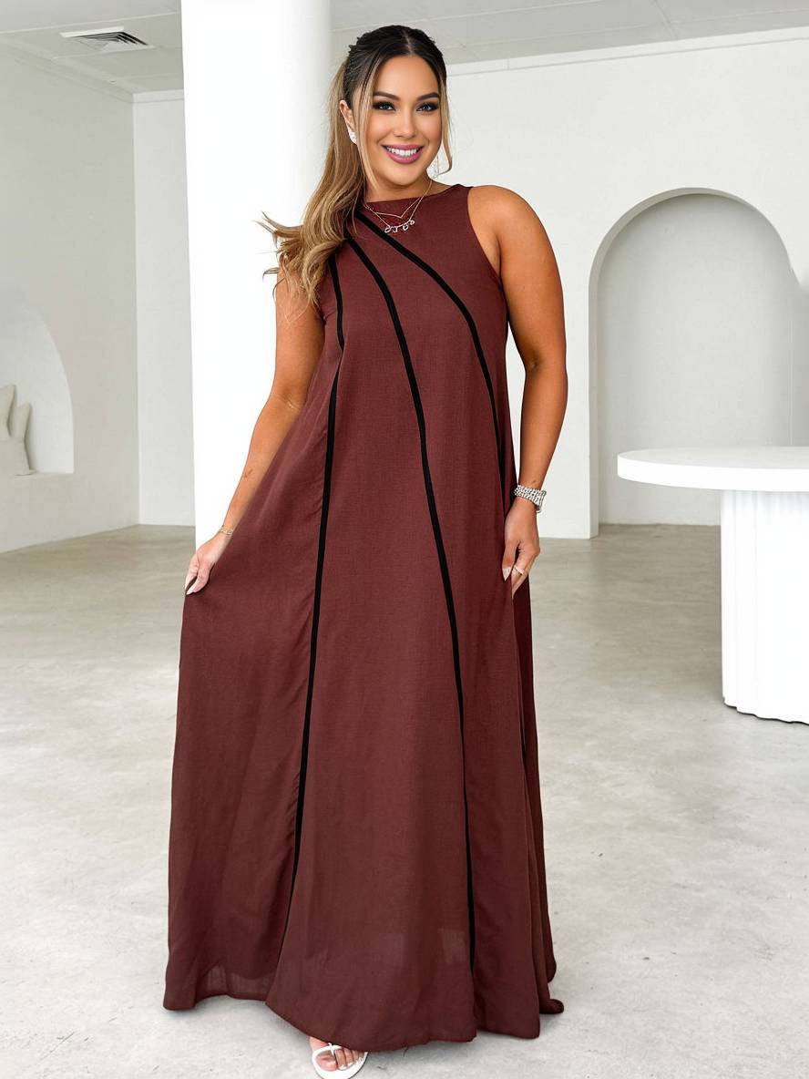 Cocolii robe longue rayé col rond sans manches femme élégant décontracté ample de plage