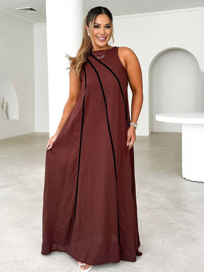 Cocolii robe longue rayé col rond sans manches femme élégant décontracté ample de plage