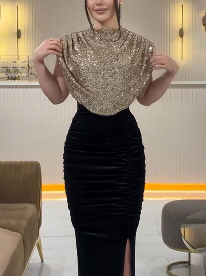 Cocolii robe longue moulante brillante paillette fendu le côté col rond sans manches femme de soirée bal de promo nouvel an