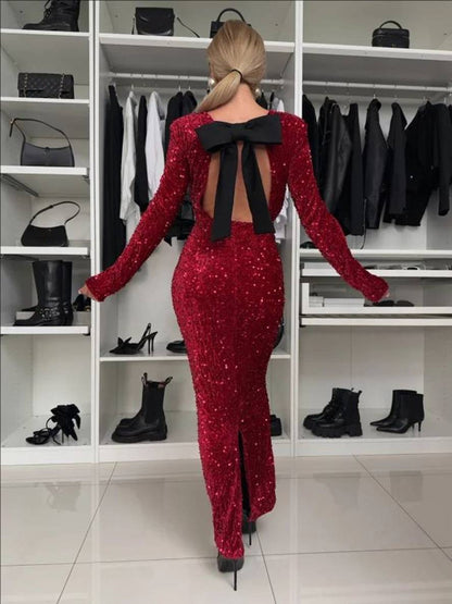 Cocolii robe longue brillante paillette noeud papillon fendu col rond manches longues femme élégant vintage de soirée nouvel an