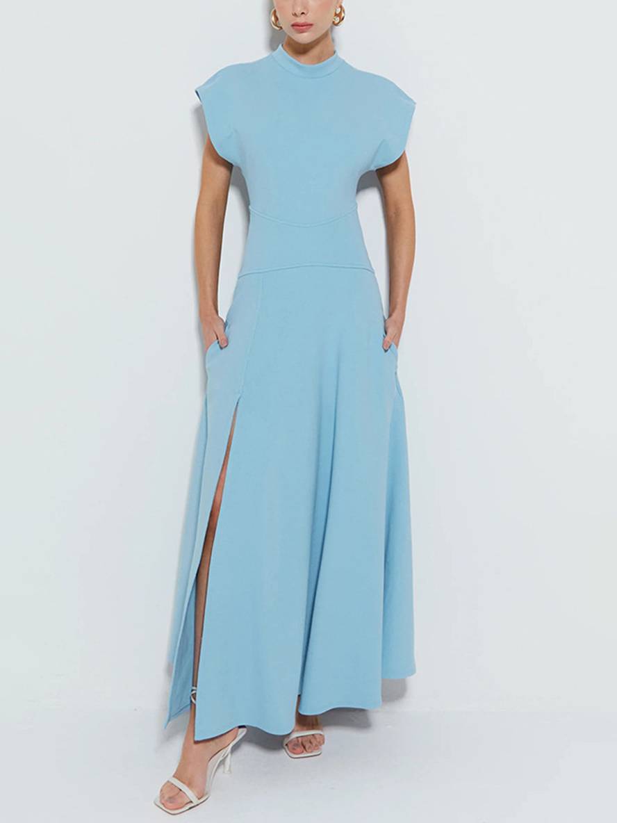 Cocolii robe longue col rond fendu le côté poches mancherons sans manches casual femme élégant décontracté de soirée pour mariage