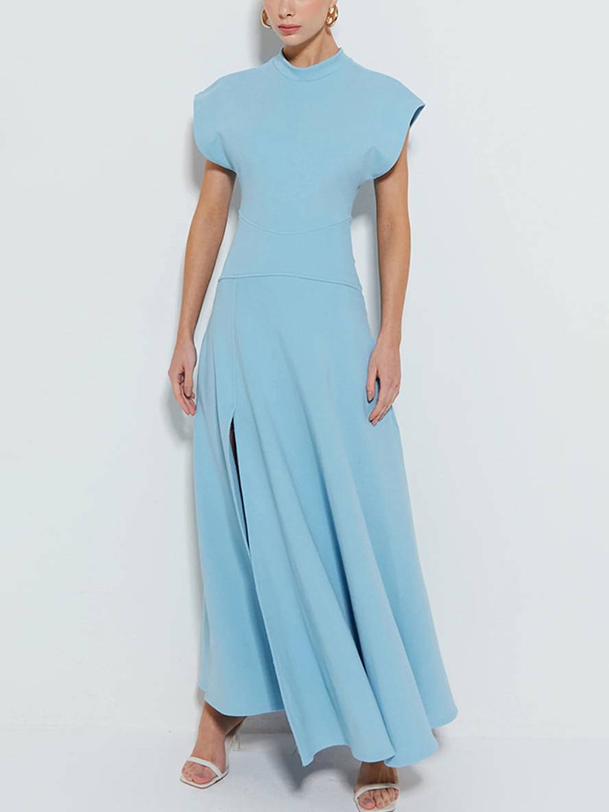 Cocolii robe longue col rond fendu le côté poches mancherons sans manches casual femme élégant décontracté de soirée pour mariage