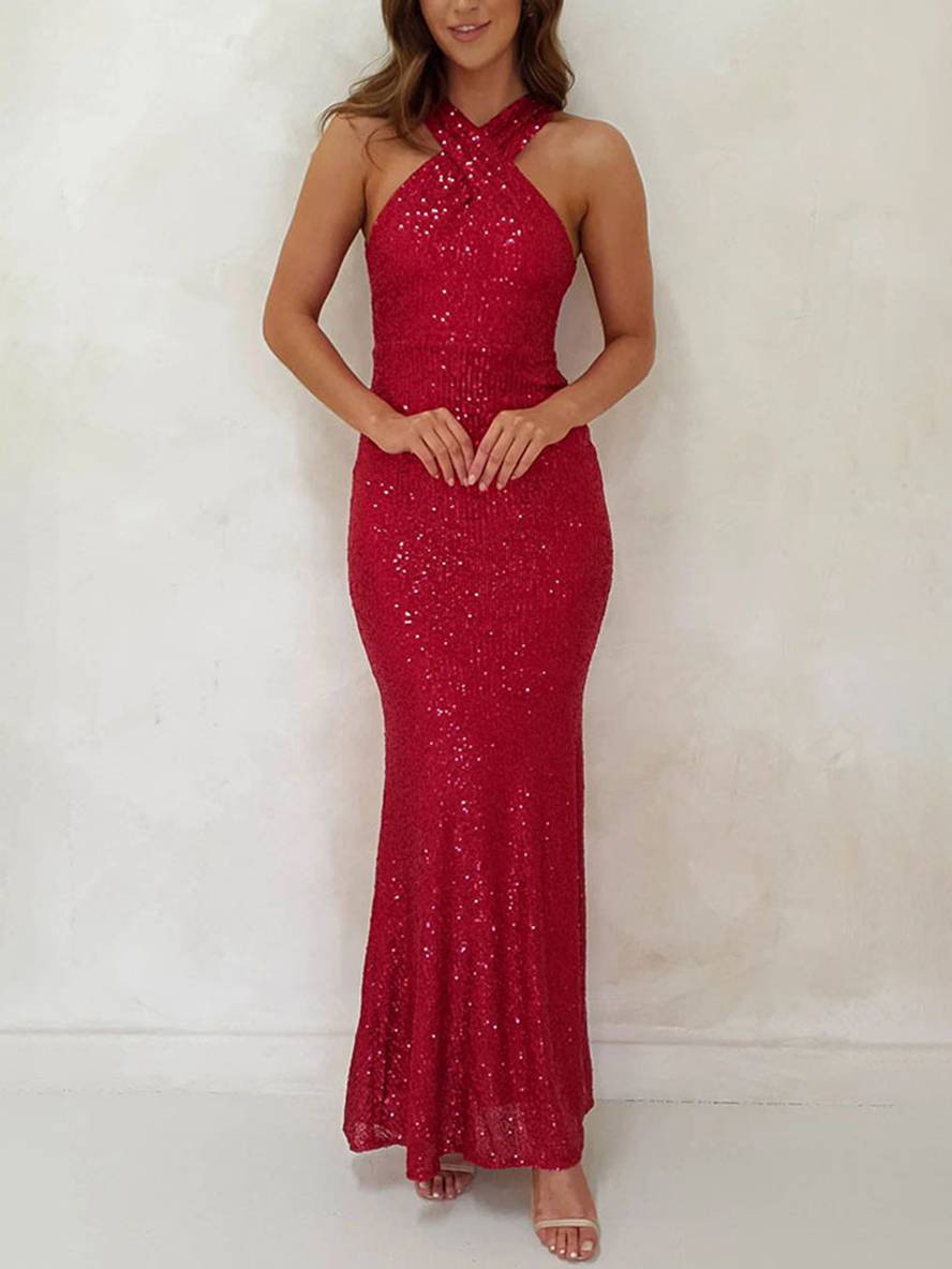 Cocolii robe longue moulante brillante paillette dos nu licou sans manches femme élégant de soirée bal de promo