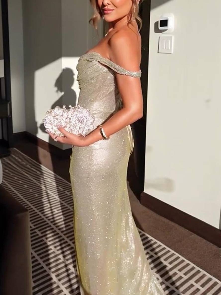 Cocolii robe longue brillante paillette col bateau irrégulière fendu le côté sans manches femme élégant de soirée pour mariage