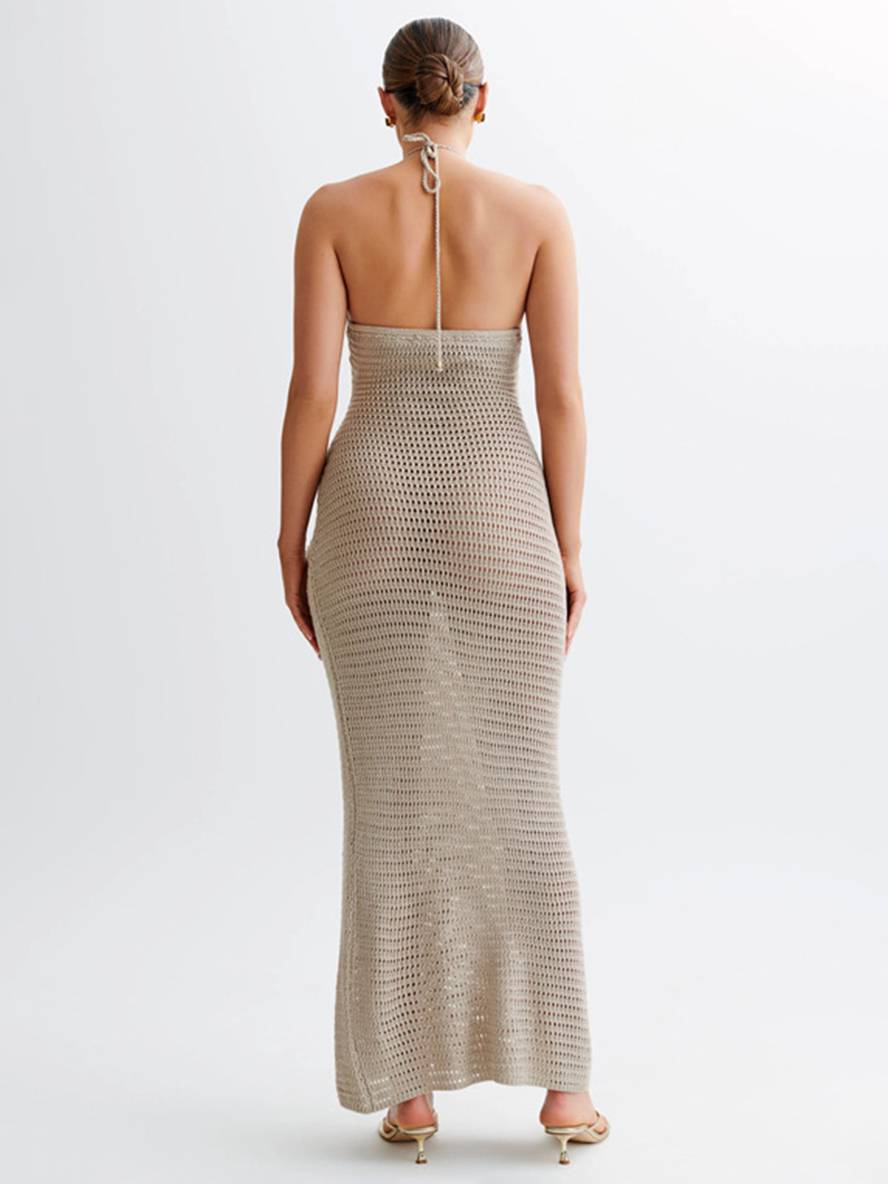 Cocolii robe longue appliques dos nu découpes moulante sirene licou sans manches femme élégant de plage