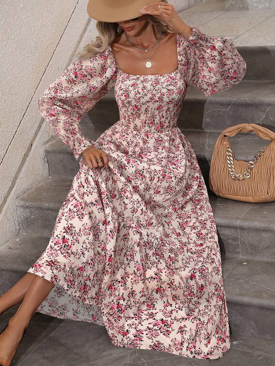 Cocolii robe longue imprimé à fleurie col carré dos nu manches longues femme bohème boho élégant décontracté de plage