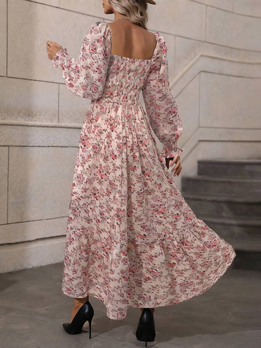 Cocolii robe longue imprimé à fleurie col carré dos nu manches longues femme bohème boho élégant décontracté de plage