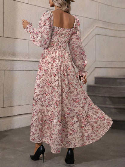 Cocolii robe longue imprimé à fleurie col carré dos nu manches longues femme bohème boho élégant décontracté de plage