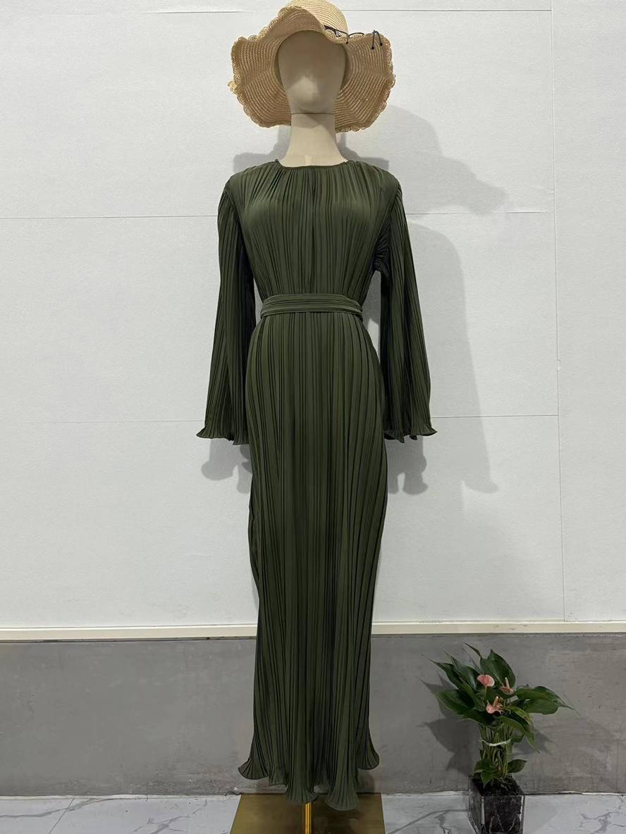 Cocolii robe longue fluide ceinture col rond manches trompette femme élégant bal de promo