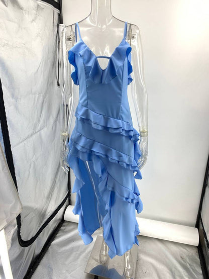 Cocolii longue robe de plage irrégulière fendu à volantée à fines brides v-cou sans manches femme élégant décontracté bal de promo