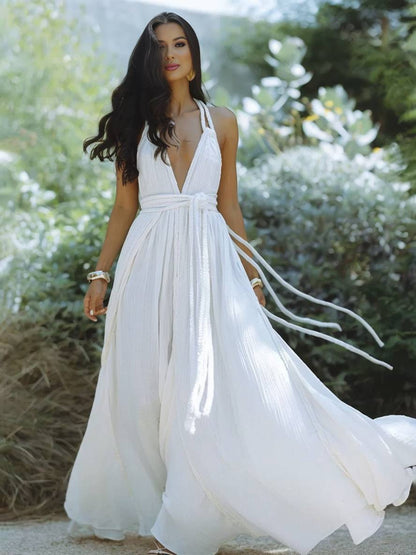 Cocolii robe longue décolleté plongeant licou dos nu ceinture sans manches femme bohème élégant décontracté de plage