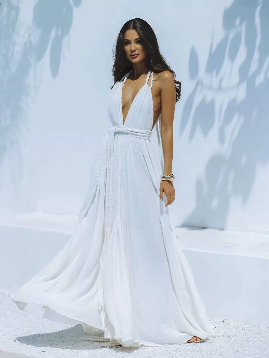 Cocolii robe longue décolleté plongeant licou dos nu ceinture sans manches femme bohème élégant décontracté de plage