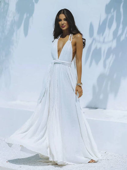 Cocolii robe longue décolleté plongeant licou dos nu ceinture sans manches femme bohème élégant décontracté de plage