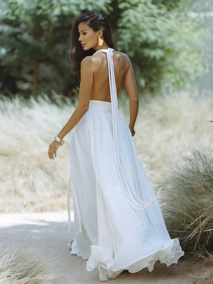 Cocolii robe longue décolleté plongeant licou dos nu ceinture sans manches femme bohème élégant décontracté de plage