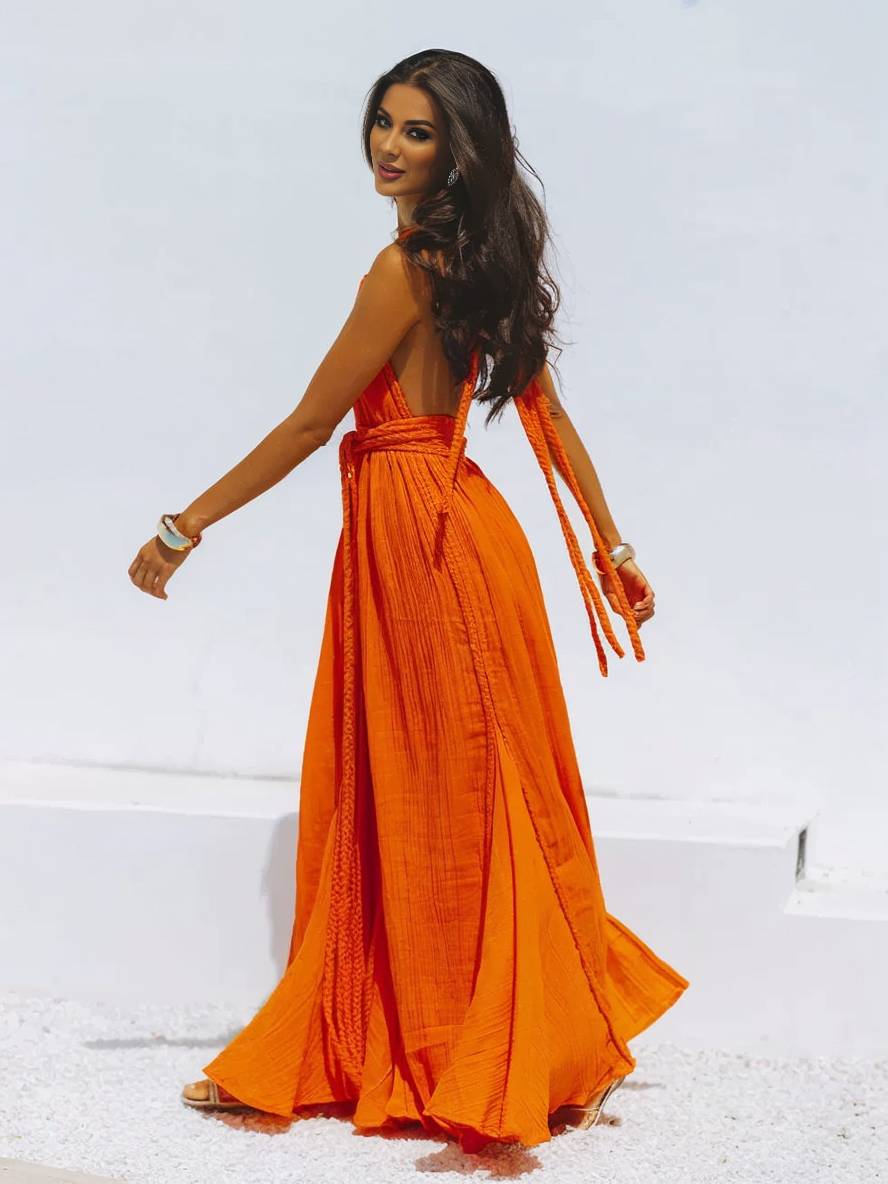 Cocolii robe longue décolleté plongeant licou dos nu ceinture sans manches femme bohème élégant décontracté de plage