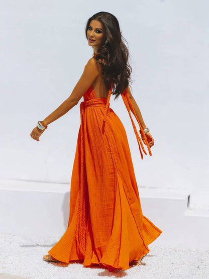 Cocolii robe longue décolleté plongeant licou dos nu ceinture sans manches femme bohème élégant décontracté de plage