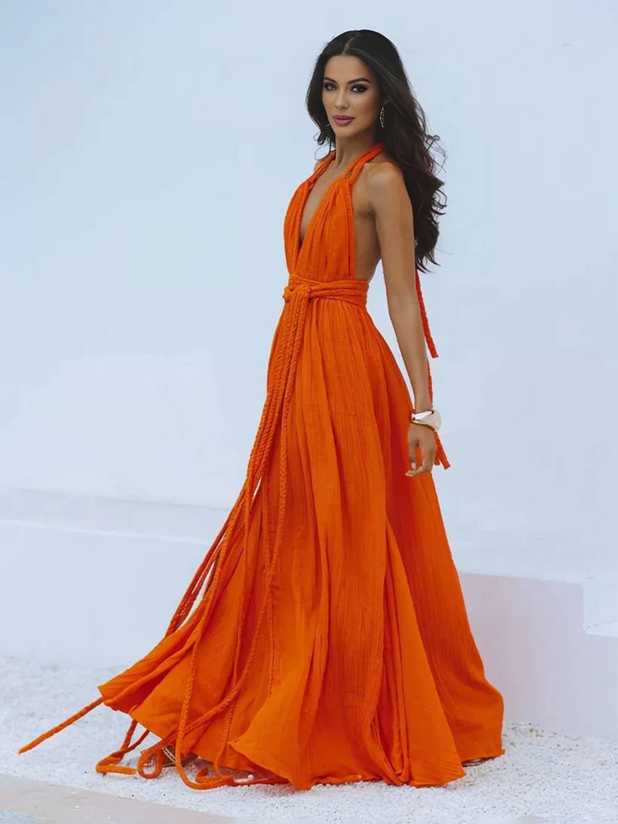 Cocolii robe longue décolleté plongeant licou dos nu ceinture sans manches femme bohème élégant décontracté de plage