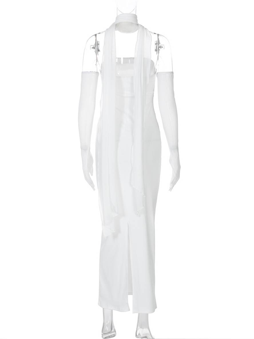 Cocolii robe longue moulante tulle bustier avec 2 pièces gants femme élégant vintage de soirée pour mariage