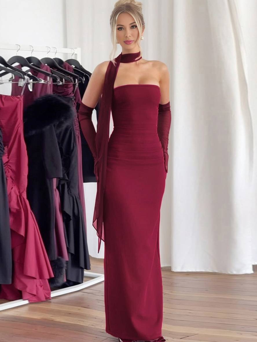 Cocolii robe longue moulante tulle bustier avec 2 pièces gants femme élégant vintage de soirée pour mariage