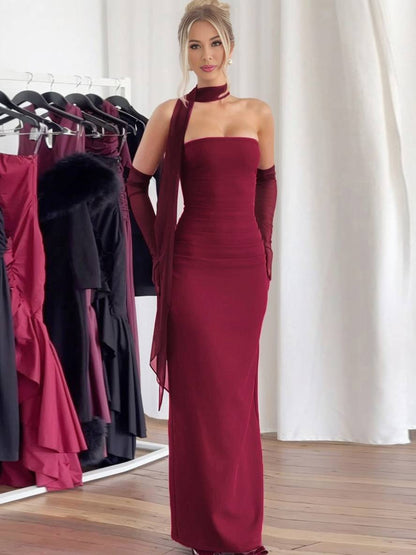 Cocolii robe longue moulante tulle bustier avec 2 pièces gants femme élégant vintage de soirée pour mariage