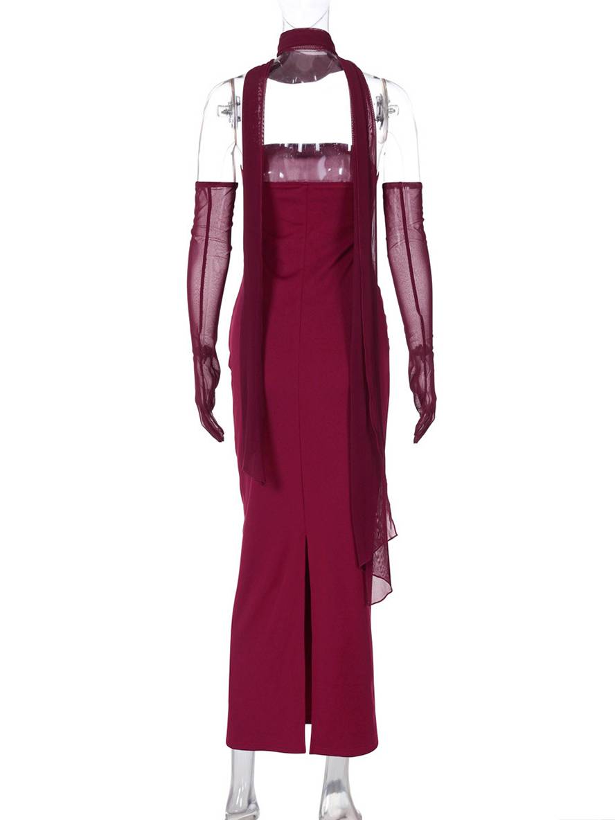 Cocolii robe longue moulante tulle bustier avec 2 pièces gants femme élégant vintage de soirée pour mariage