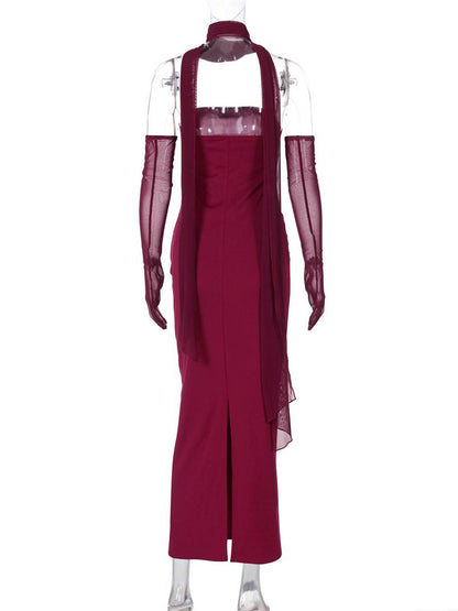 Cocolii robe longue moulante tulle bustier avec 2 pièces gants femme élégant vintage de soirée pour mariage