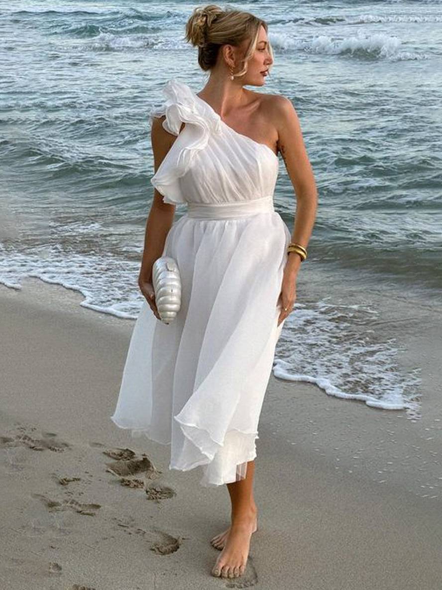 Cocolii robe longue une épaule fluide à volantée dos nu sans manches femme élégant décontracté de plage