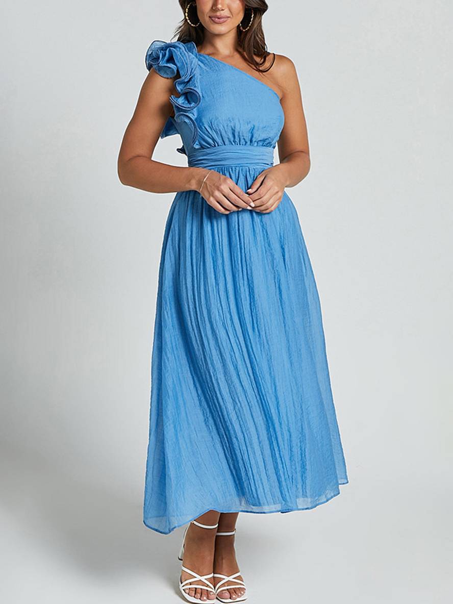 Cocolii robe longue une épaule fluide à volantée dos nu sans manches femme élégant décontracté de plage